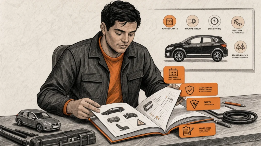 Illustration of using an owner’s manual to find maintenance schedule and safety information