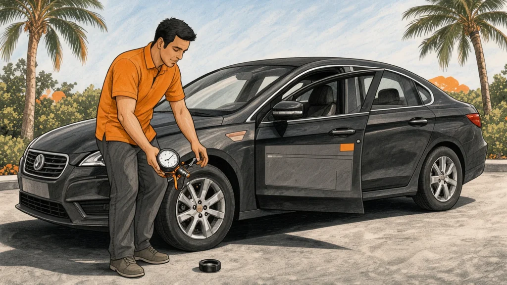 Illustration of checking cold tire pressure using a gauge and referencing the vehicle’s recommended inflation pressure.