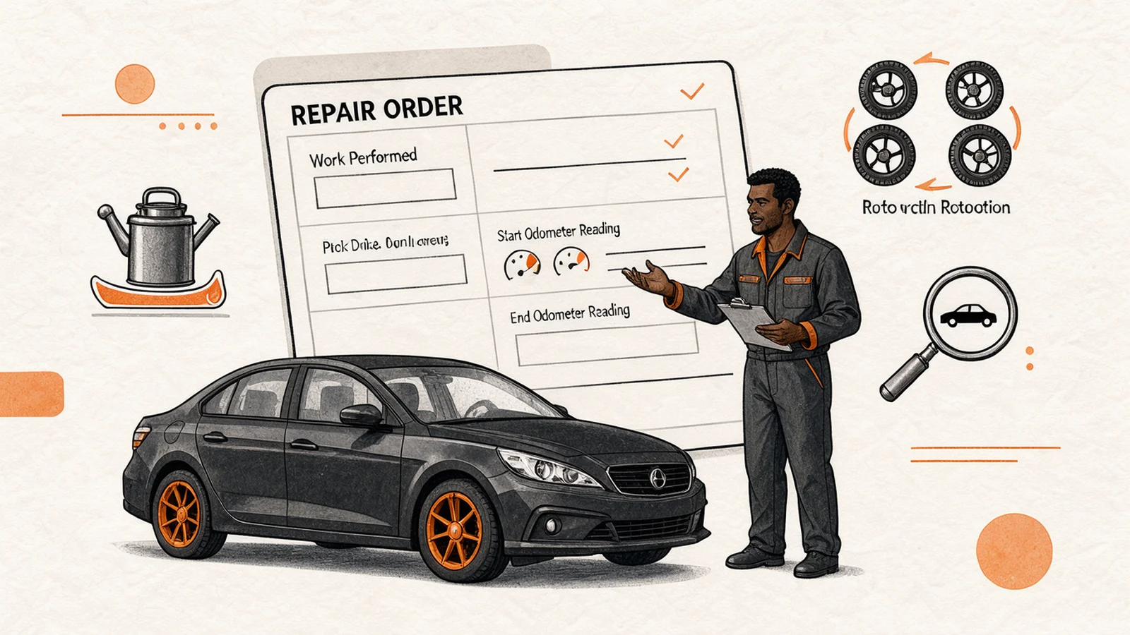 Illustration of a repair order layout including odometer readings and listed services.