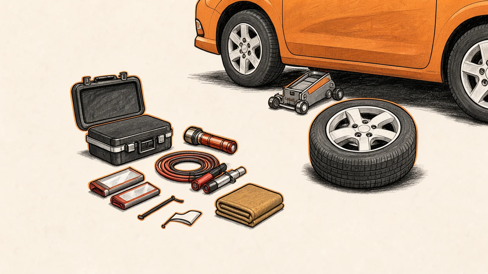 Illustration of an emergency roadside kit including essentials like a flashlight, jumper cables, and flares/white flag.