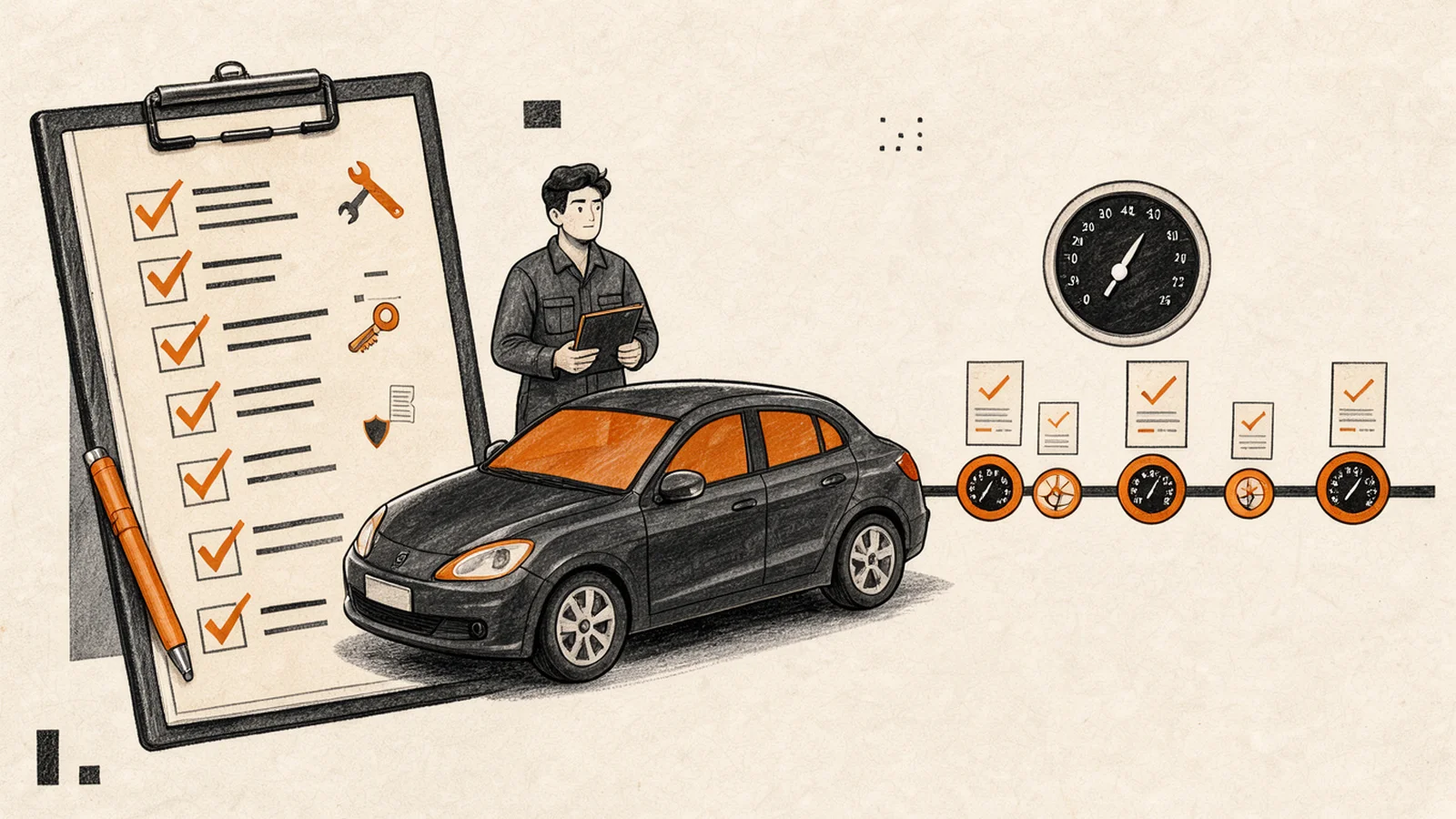 Illustration of a repair order checklist with odometer readings for service documentation