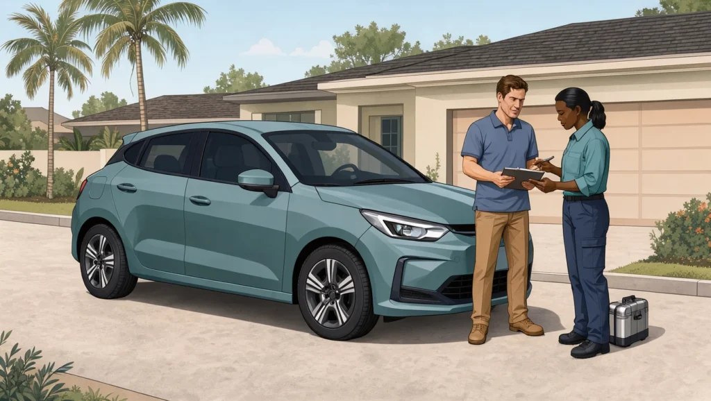 Illustration of a vehicle owner and mobile mechanic reviewing a checklist beside a parked car.